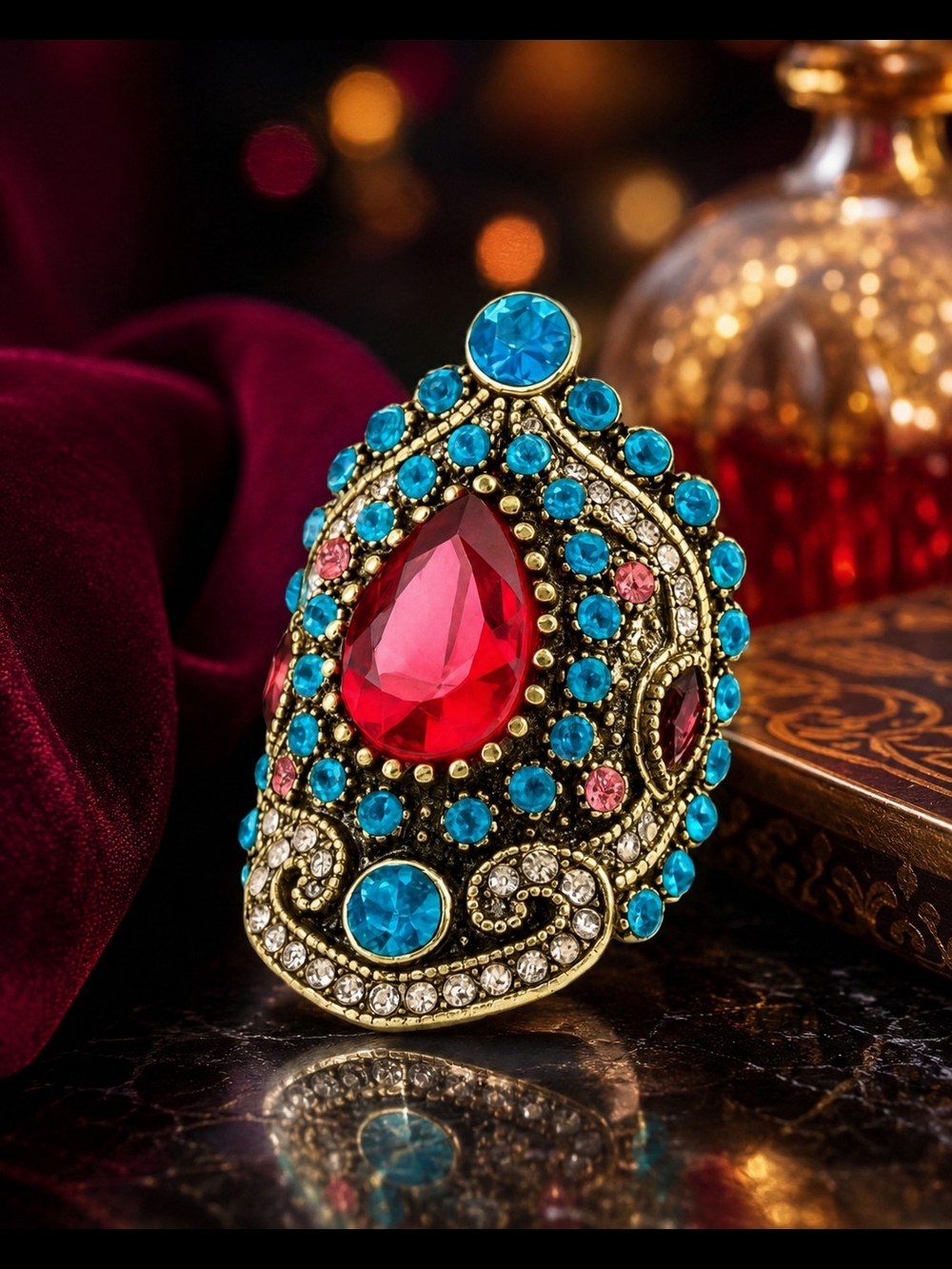 Women’s Size 8 Hot Pink Turquoise Rhinestone Statement Cocktail Ring